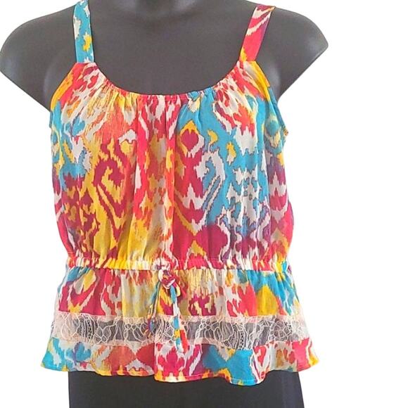 Hollywould Women's Sleeveless Peplum Blouse -Size Medium, Multicolor Ikat Print - Picture 2 of 5